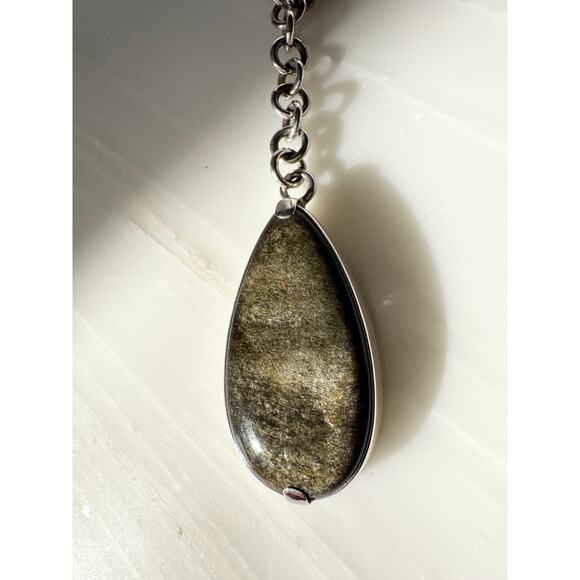 Golden Obsidian 925 Sterling Necklace Handmade Chain Natural Volcanic Glass - Picture 4 of 6